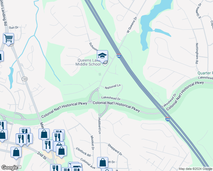 map of restaurants, bars, coffee shops, grocery stores, and more near 102 National Lane in Williamsburg