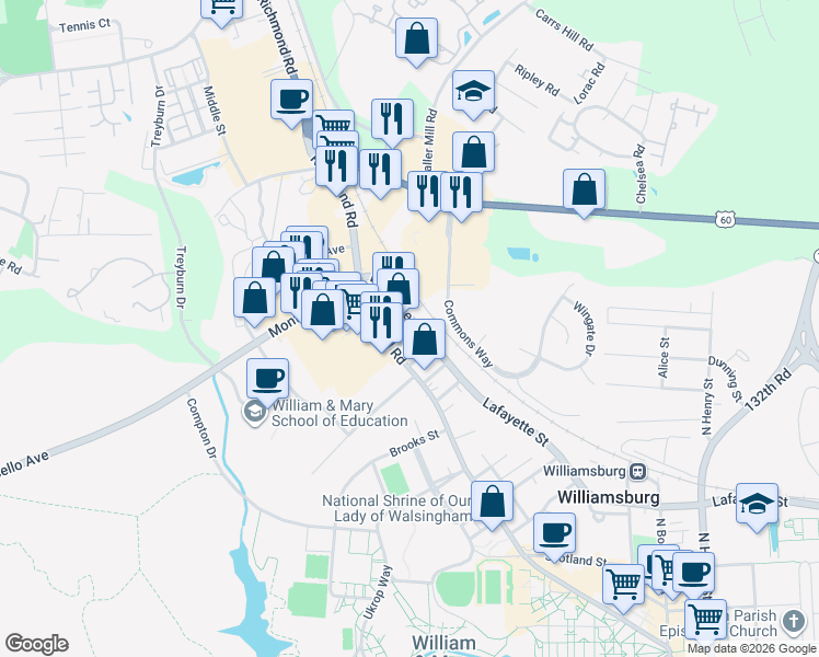 map of restaurants, bars, coffee shops, grocery stores, and more near 110 Westover Avenue in Williamsburg
