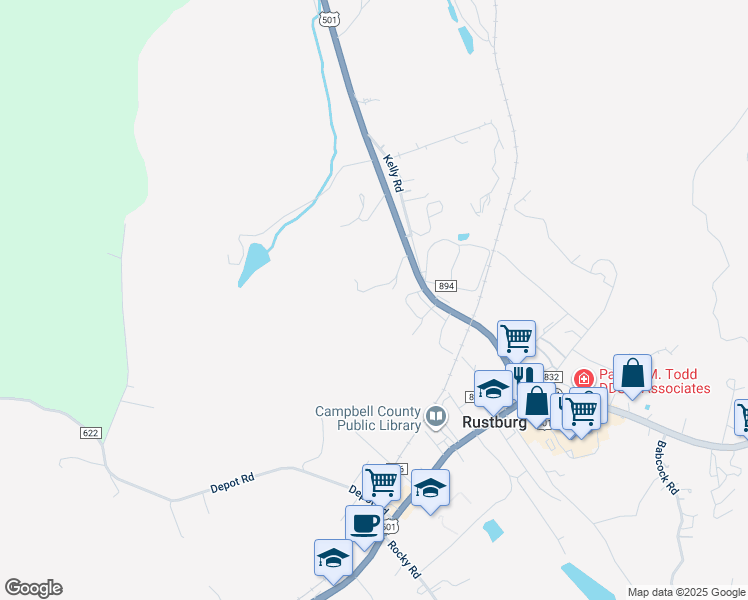 map of restaurants, bars, coffee shops, grocery stores, and more near 436 Campbell Highway in Rustburg