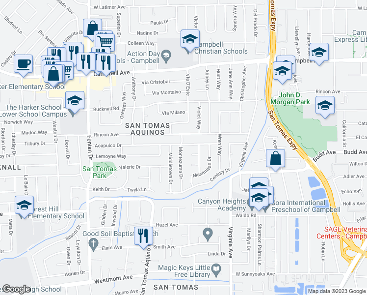 map of restaurants, bars, coffee shops, grocery stores, and more near 2232 Montezuma Drive in Campbell