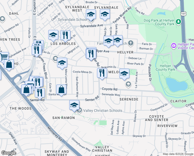 map of restaurants, bars, coffee shops, grocery stores, and more near 4219 Senter Road in San Jose