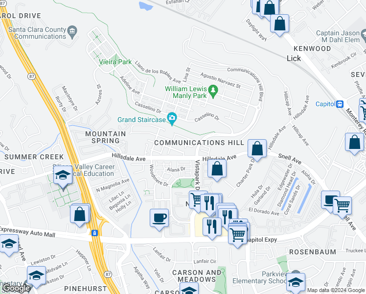 map of restaurants, bars, coffee shops, grocery stores, and more near 342 Marble Arch Avenue in San Jose