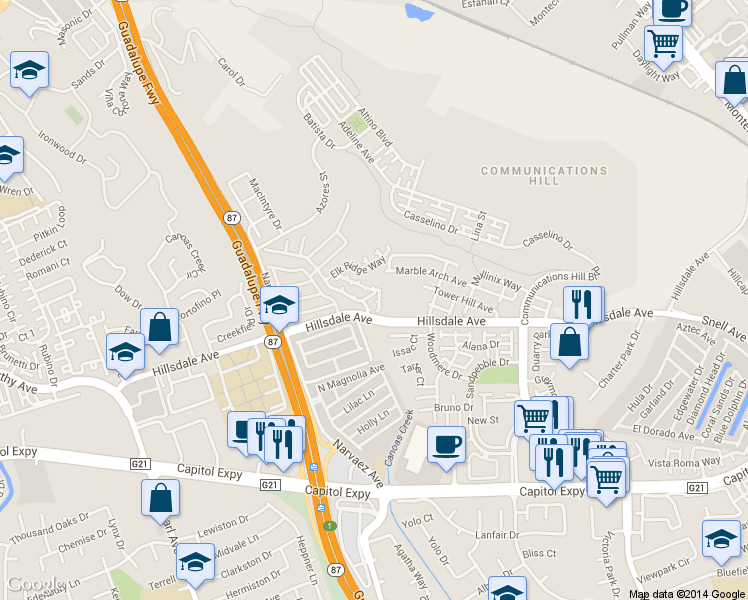 map of restaurants, bars, coffee shops, grocery stores, and more near 545 Hillsdale Avenue in San Jose