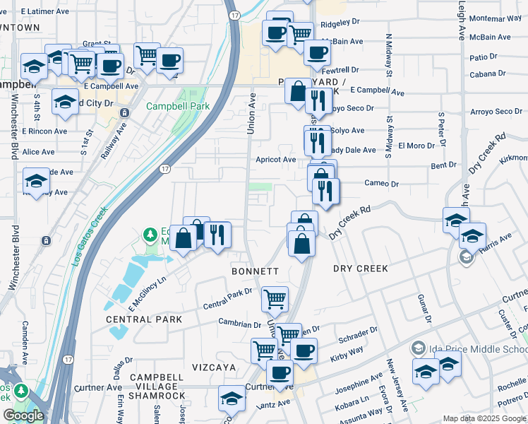 map of restaurants, bars, coffee shops, grocery stores, and more near 386 Union Avenue in Campbell