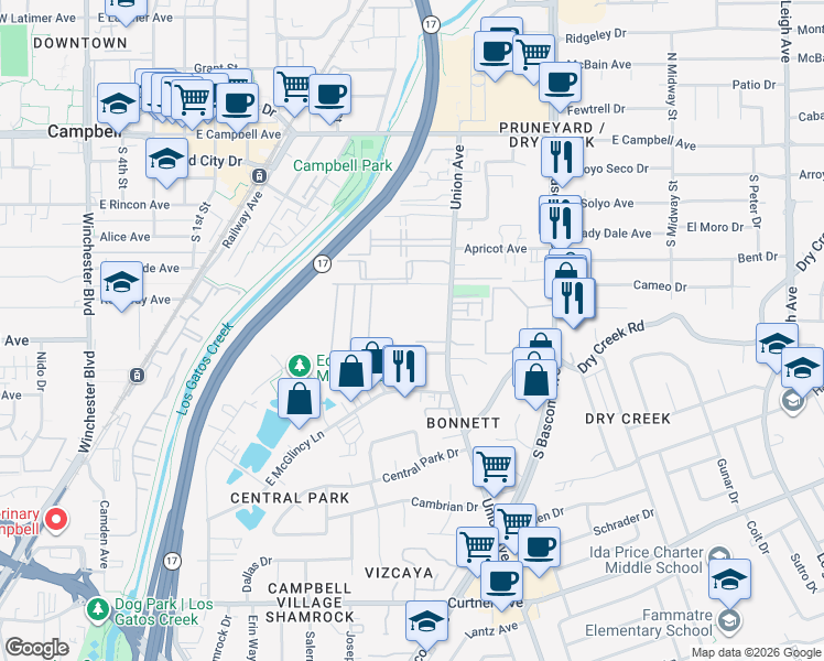 map of restaurants, bars, coffee shops, grocery stores, and more near 373 Union Avenue in Campbell
