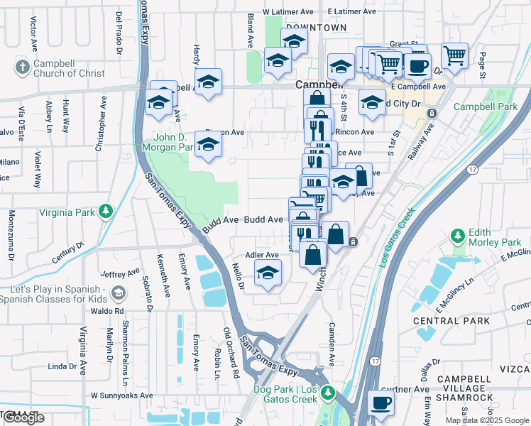 map of restaurants, bars, coffee shops, grocery stores, and more near 169 Budd Avenue in Campbell