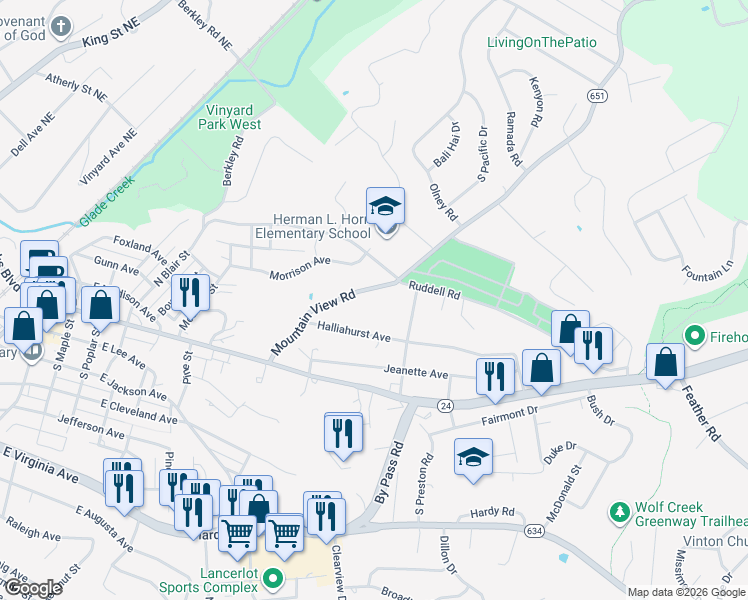 map of restaurants, bars, coffee shops, grocery stores, and more near 1125 Mountain View Road in Vinton