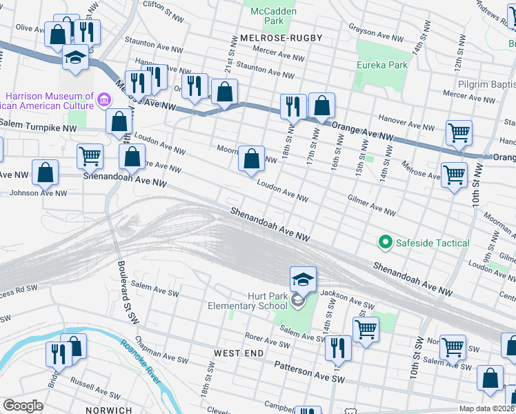 map of restaurants, bars, coffee shops, grocery stores, and more near 1802 Centre Avenue Northwest in Roanoke