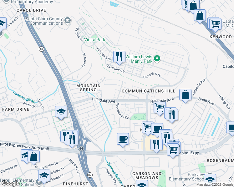 map of restaurants, bars, coffee shops, grocery stores, and more near 511 Whitechapel Avenue in San Jose