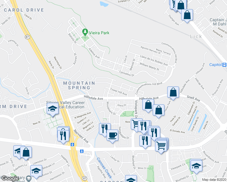 map of restaurants, bars, coffee shops, grocery stores, and more near 468 Tower Hill Avenue in San Jose
