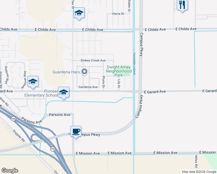 map of restaurants, bars, coffee shops, grocery stores, and more near 482 Petunia Court in Merced