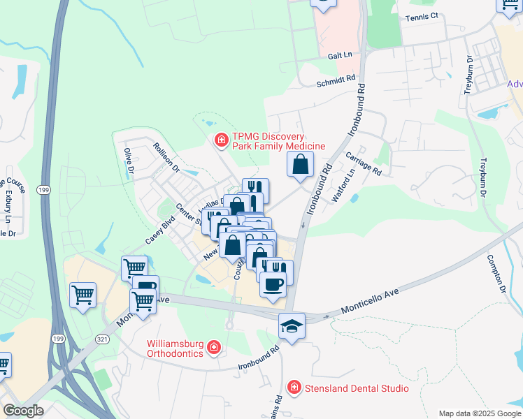map of restaurants, bars, coffee shops, grocery stores, and more near 5350 Discovery Park Boulevard in Williamsburg