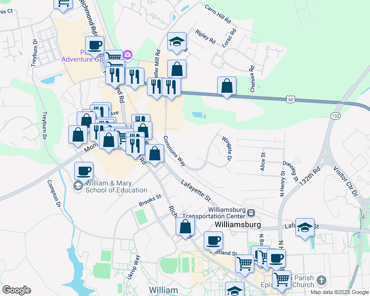 map of restaurants, bars, coffee shops, grocery stores, and more near 101 Windsor Lane in Williamsburg