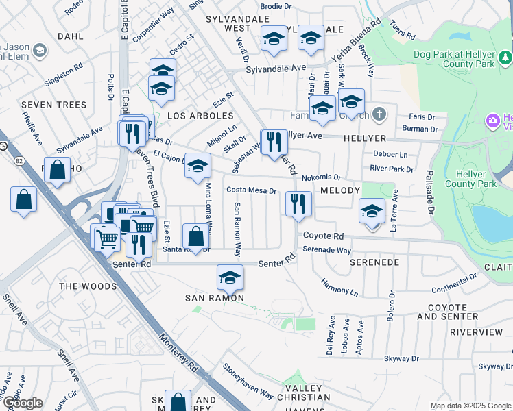 map of restaurants, bars, coffee shops, grocery stores, and more near 4138 San Miguel Way in San Jose