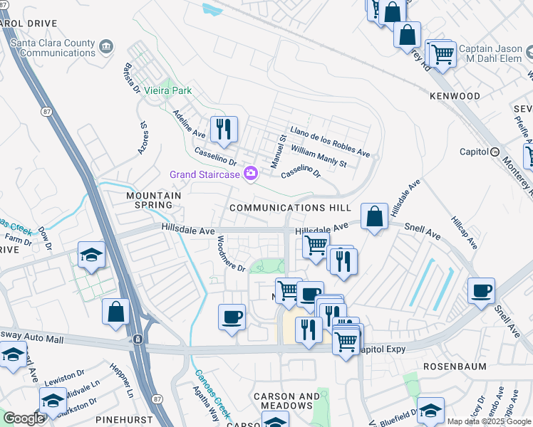 map of restaurants, bars, coffee shops, grocery stores, and more near 342 Marble Arch Avenue in San Jose
