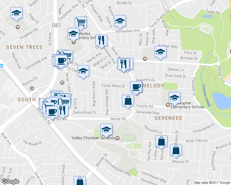 map of restaurants, bars, coffee shops, grocery stores, and more near 4138 San Miguel Way in San Jose