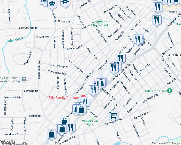 map of restaurants, bars, coffee shops, grocery stores, and more near 3211 Norfolk Street in Hopewell