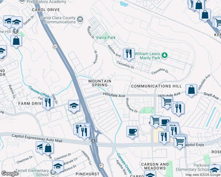 map of restaurants, bars, coffee shops, grocery stores, and more near 545 Hillsdale Avenue in San Jose