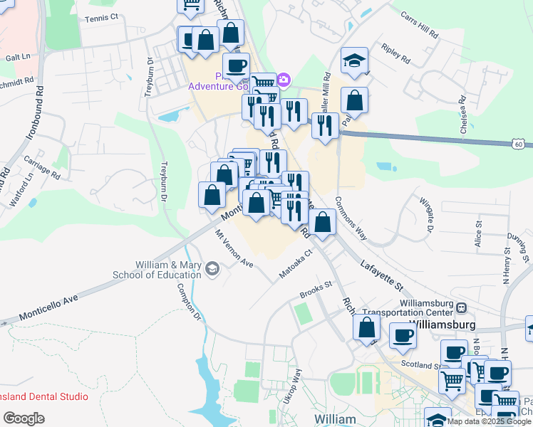 map of restaurants, bars, coffee shops, grocery stores, and more near 159 Monticello Avenue in Williamsburg