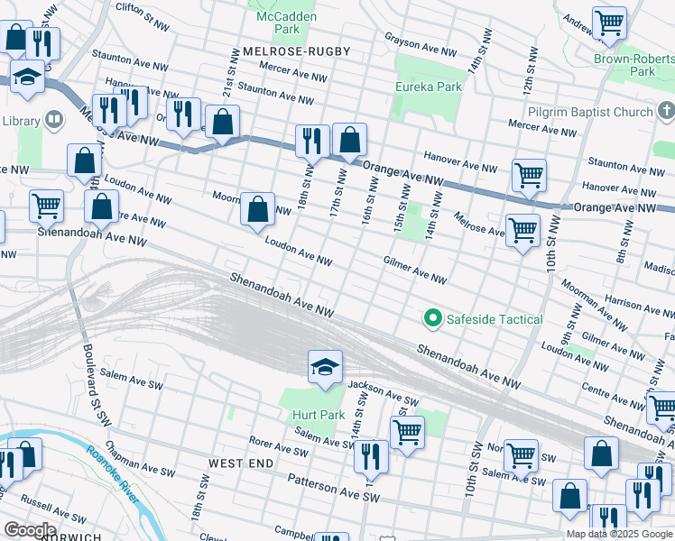 map of restaurants, bars, coffee shops, grocery stores, and more near 1612 Loudon Avenue Northwest in Roanoke
