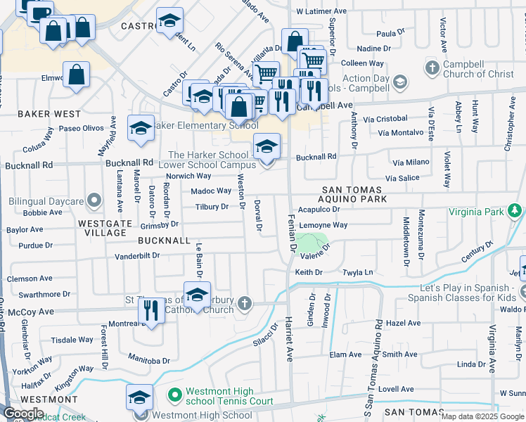 map of restaurants, bars, coffee shops, grocery stores, and more near 2272 Dorval Drive in San Jose