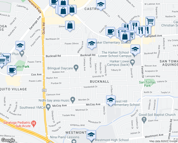 map of restaurants, bars, coffee shops, grocery stores, and more near 2257 Maroel Drive in San Jose