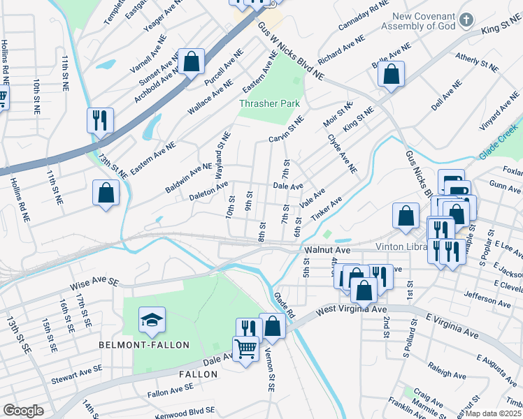 map of restaurants, bars, coffee shops, grocery stores, and more near 217 8th Street in Vinton