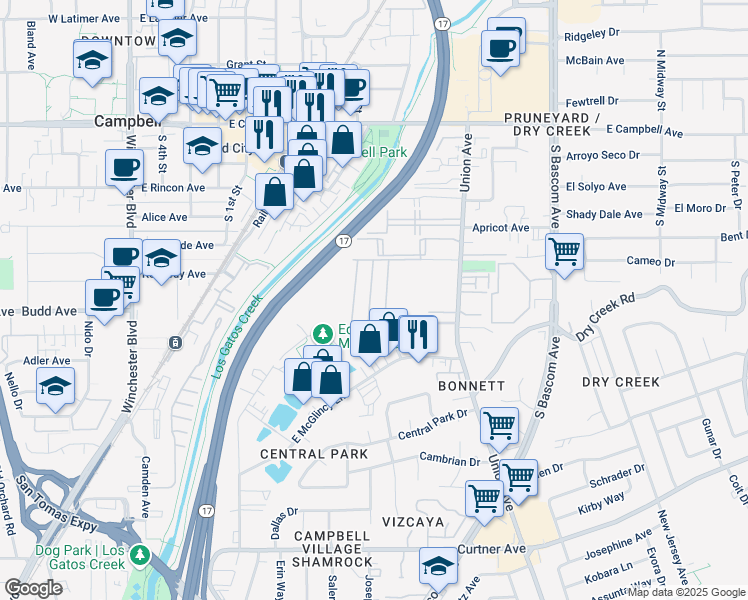 map of restaurants, bars, coffee shops, grocery stores, and more near 61 Palomar Real in Campbell