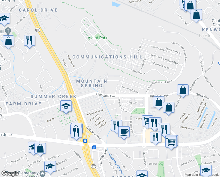 map of restaurants, bars, coffee shops, grocery stores, and more near 545 Hillsdale Avenue in San Jose