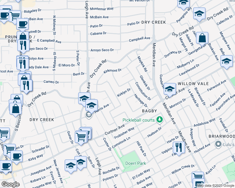 map of restaurants, bars, coffee shops, grocery stores, and more near 2290 Westmoreland Drive in San Jose