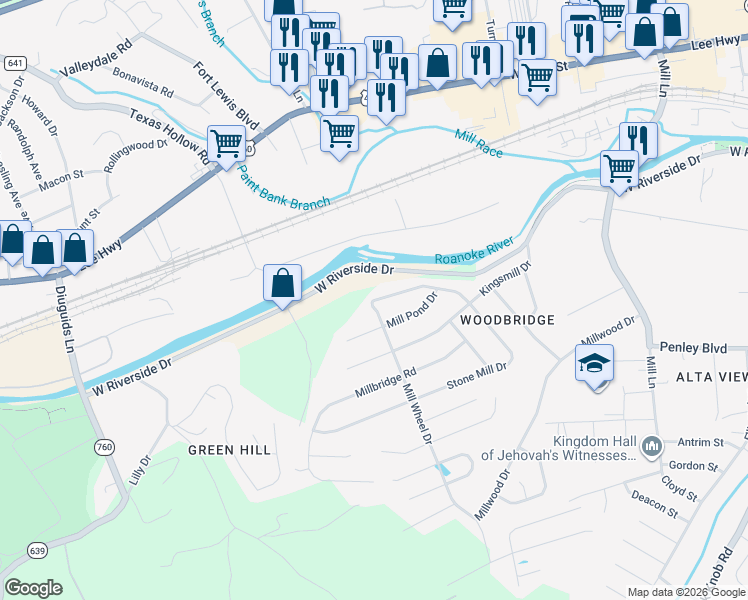 map of restaurants, bars, coffee shops, grocery stores, and more near 1701 Stone Mill Drive in Salem