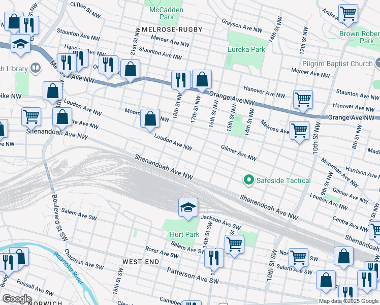 map of restaurants, bars, coffee shops, grocery stores, and more near 1618 Loudon Avenue Northwest in Roanoke