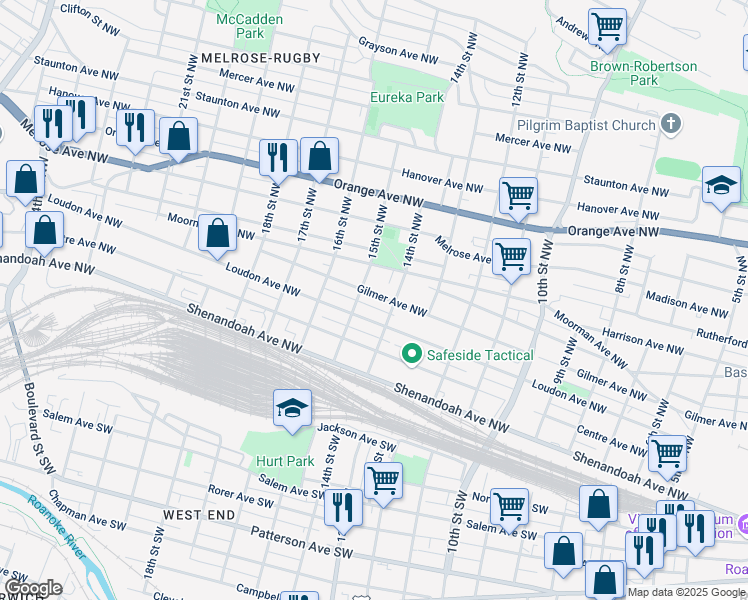 map of restaurants, bars, coffee shops, grocery stores, and more near 1420 Gilmer Avenue Northwest in Roanoke