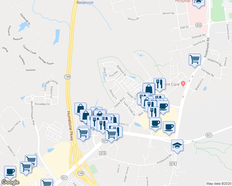 map of restaurants, bars, coffee shops, grocery stores, and more near 4331 Audrey Lane in Williamsburg