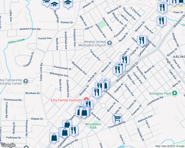 map of restaurants, bars, coffee shops, grocery stores, and more near 3211 Norfolk Street in Hopewell