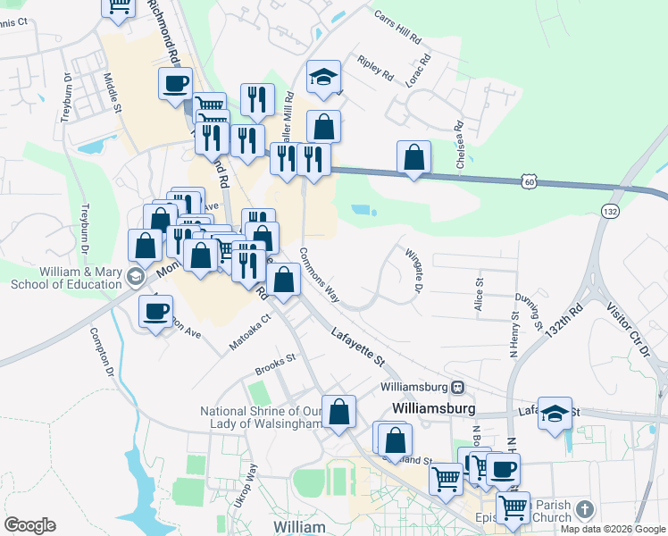map of restaurants, bars, coffee shops, grocery stores, and more near 101 Windsor Lane in Williamsburg