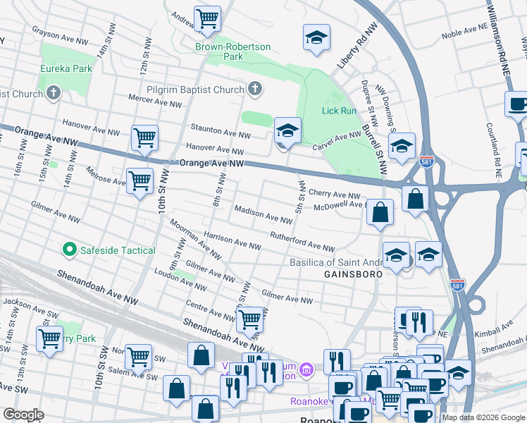map of restaurants, bars, coffee shops, grocery stores, and more near 543 Madison Avenue Northwest in Roanoke