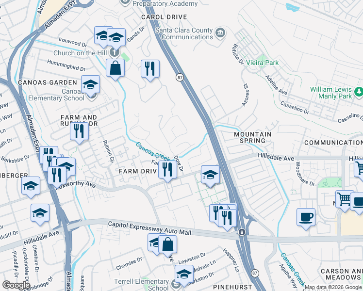 map of restaurants, bars, coffee shops, grocery stores, and more near 719 Portofino Place in San Jose