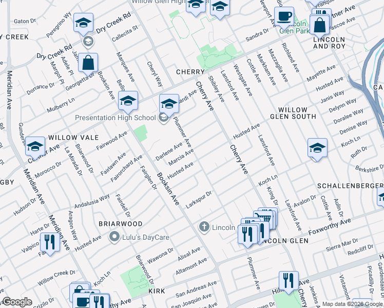 map of restaurants, bars, coffee shops, grocery stores, and more near 1543 Husted Avenue in San Jose