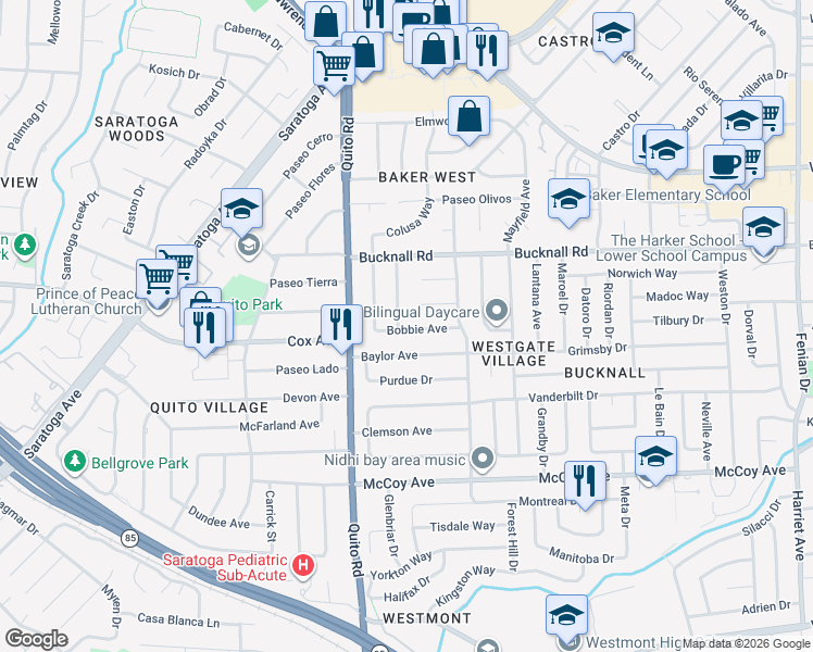 map of restaurants, bars, coffee shops, grocery stores, and more near 2248 Arleen Way in San Jose