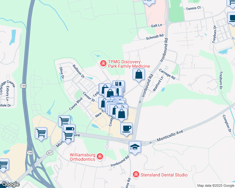 map of restaurants, bars, coffee shops, grocery stores, and more near 5350 Discovery Park Boulevard in Williamsburg