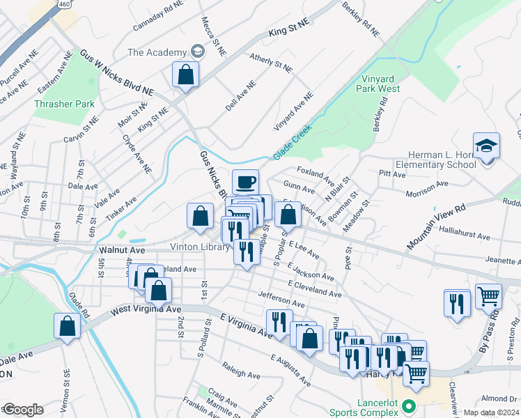 map of restaurants, bars, coffee shops, grocery stores, and more near 107 North Maple Street in Vinton