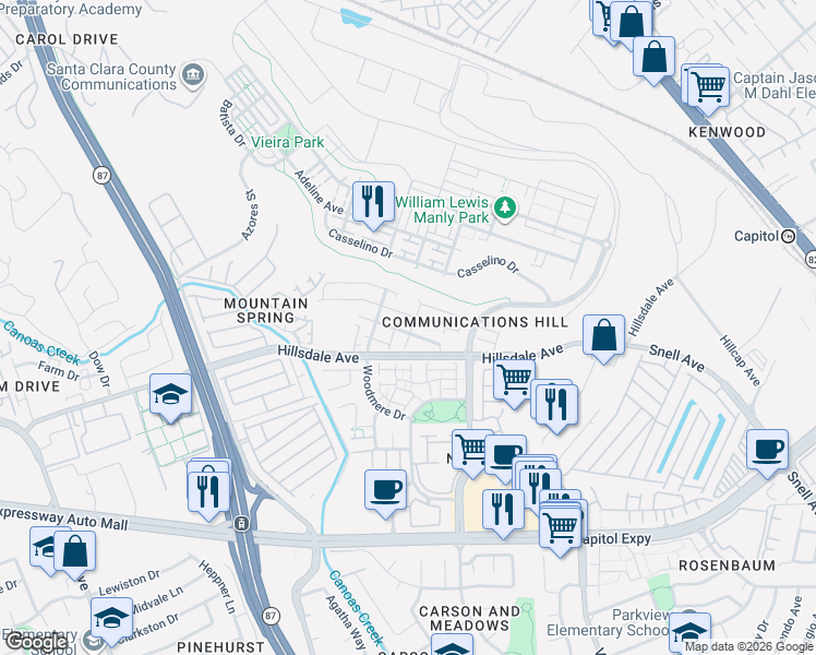 map of restaurants, bars, coffee shops, grocery stores, and more near 416 Tower Hill Avenue in San Jose