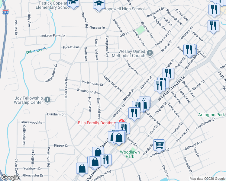 map of restaurants, bars, coffee shops, grocery stores, and more near 3306 Saint Charles Street in Hopewell