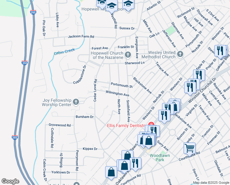 map of restaurants, bars, coffee shops, grocery stores, and more near 3503 Wilmington Avenue in Hopewell