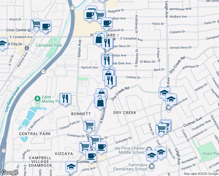 map of restaurants, bars, coffee shops, grocery stores, and more near 2350 South Bascom Avenue in Campbell