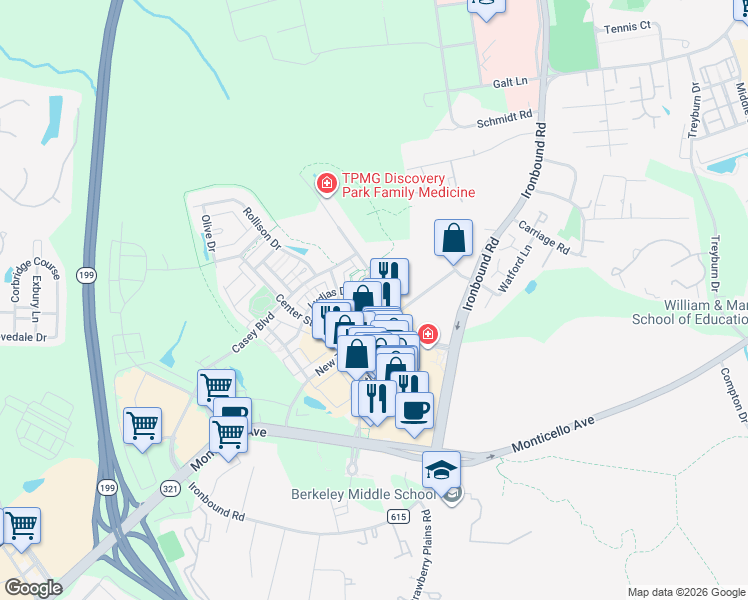 map of restaurants, bars, coffee shops, grocery stores, and more near 4321 Eleanors Way in Williamsburg