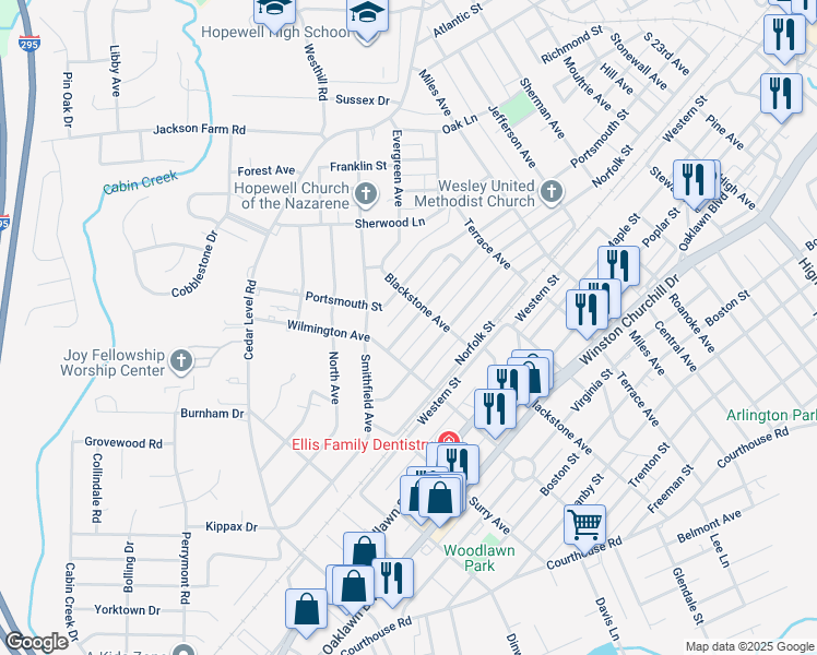 map of restaurants, bars, coffee shops, grocery stores, and more near 3306 Saint Charles Street in Hopewell
