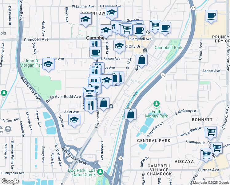 map of restaurants, bars, coffee shops, grocery stores, and more near 400 Industrial St in Campbell
