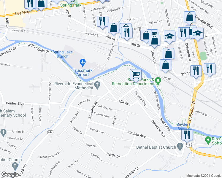 map of restaurants, bars, coffee shops, grocery stores, and more near 1815 Mulberry Street in Salem